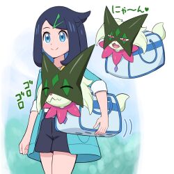  1girl black_hair black_shorts blue_eyes body_fur closed_eyes closed_mouth cowlick eyelashes furry furry_female green_fur hair_ornament hairclip highres holding jacket liko_(pokemon) meowscarada multicolored_hair open_clothes open_mouth pokemoa pokemon pokemon_(anime) pokemon_(creature) pokemon_horizons red_eyes shirt shorts smile white_shirt 