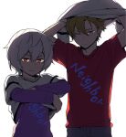  2boys 7100potechi arms_up backlighting bangs brown_hair clothes_writing hair_between_eyes hands_up hyuse kuga_yuuma layered_sleeves long_sleeves male_focus matching_outfit multiple_boys one_eye_closed purple_shirt red_eyes red_shirt shirt shirt_over_head short_hair short_over_long_sleeves short_sleeves simple_background smirk t-shirt undressing violet_eyes white_background white_hair world_trigger 