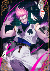  1boy card closed_mouth earrings highres hisoka_morow holding holding_card hunter_x_hunter jewelry looking_at_viewer male_focus pants pink_eyes pink_hair playing_card shirt sleeveless solo white_pants white_shirt yanz_(yanz_z) 