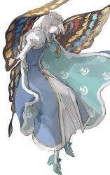  1boy absurdres blue_cape blue_eyes butterfly_wings cape crown diamond_hairband fate/grand_order fate_(series) full_body fur-trimmed_cape fur_trim highres insect_wings juliet_sleeves long_sleeves male_focus medium_hair mimulishizi oberon_(fate) oberon_(first_ascension)_(fate) puffy_sleeves solo tassel white_background white_hair wings 