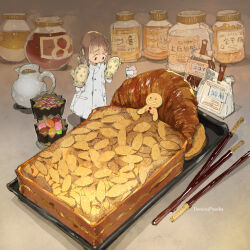  1girl bread brown_hair coat commentary_request creamer_(vessel) creature croissant demizu_posuka food food_focus gingerbread_man jar long_hair mask mouth_mask original oven_mitts pocky sandwich white_coat 