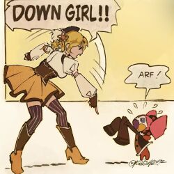  artist_name boots breasts brown_boots brown_corset brown_thighhighs brown_trim cape charlotte_(madoka_magica) corset creature detached_sleeves down_boy!!_(meme) dress drill_hair english_text flying_sweatdrops frills full_body gloves highres long_hair mahou_shoujo_madoka_magica mahou_shoujo_madoka_magica_(anime) medium_breasts meme motion_lines multicolored_boots open_mouth pinstripe_thighhighs pointing pointing_down puffy_short_sleeves puffy_sleeves punkcorpz shirt short_sleeves shouting signature skirt thigh-highs tomoe_mami twin_drills two-tone_boots v-shaped_eyebrows white_background white_cape white_shirt yellow_background yellow_boots yellow_skirt 