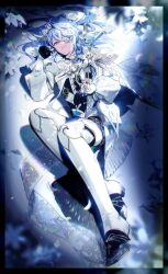  1boy androgynous blue_hair boutonniere braid brooch commentary creature crossed_bangs eyepatch flower full_body gloves hair_between_eyes hair_flower hair_ornament hair_spread_out half_gloves hand_up hashtag-only_commentary highres holding_baton holostars holostars_english jewelry kazari_tayu long_hair long_sleeves looking_at_viewer lying male_focus octavio octavio_(2nd_costume) official_alternate_costume on_back parted_lips petals pink_eyes poppet_(octavio) side_braids solo wrist_flower 