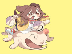  1girl :3 :d absurdres animal_ears blush bone_hair_ornament braid brown_eyes brown_hair cartoon_bone cocomayo29_(tomato) collar commentary_request dog_ears dog_girl dog_tail dress fang full_body hair_ornament highres hololive inugami_korone inugami_korone_(1st_costume) jacket korean_commentary listener_(inugami_korone) long_hair monster red_collar shoes simple_background smile solo tail twin_braids virtual_youtuber white_dress white_shoes yellow_background yellow_jacket 