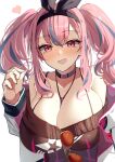  1girl :d azur_lane bangs bare_shoulders black_hairband black_sweater blush breasts bremerton_(azur_lane) bremerton_(day-off_date)_(azur_lane) choker commentary_request eyebrows_visible_through_hair eyewear_removed fang grey_hair hair_between_eyes hairband hand_up heart jacket long_hair long_sleeves mole mole_on_breast multicolored_hair off-shoulder_sweater off_shoulder open_clothes open_jacket open_mouth pink_eyes pink_hair simple_background skin_fang smile solo streaked_hair suminagashi sunglasses sweater twintails upper_body white_background white_jacket 