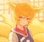  1girl animal_ear_fluff animal_ears backlighting bangs blonde_hair blush dress eyebrows_visible_through_hair fox_ears fox_tail frilled_shirt_collar frills hair_between_eyes highres indoors light_smile long_sleeves looking_at_viewer multiple_tails no_hat no_headwear short_hair signature solo surumeri_(baneiro) tabard tail touhou upper_body white_dress window yakumo_ran yellow_eyes 