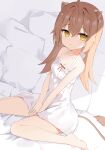  animal_ears bare_legs bare_shoulders barefoot bed between_legs brown_hair cat_ears closed_mouth dress eyebrows_visible_through_hair hand_between_legs highres long_hair looking_at_viewer pillow rurudo_lion sitting sundress virtual_youtuber wariza yellow_eyes zhiyou_ruozhe 