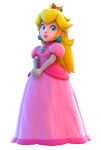 1girl 3d artist_request bangs blonde_hair blue_eyes brooch closed_mouth crown dress earrings full_body gloves jewelry lips long_dress long_hair looking_at_viewer non-web_source pink_dress princess_peach smile solo super_mario_bros.