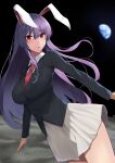  1girl absurdres animal_ears bangs blazer breasts cowboy_shot crescent eyebrows_visible_through_hair full_moon highres jacket keenii_(kenny86) large_breasts long_hair long_sleeves looking_at_viewer miniskirt moon necktie night pleated_skirt purple_hair rabbit_ears red_eyes reisen_udongein_inaba shirt skirt solo standing touhou very_long_hair white_skirt 