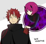  1boy 1girl 7100potechi bangs black_cloak bob_cut cloak dated floating gift giving hairein hetero holding holding_gift horns long_sleeves looking_at_another looking_away mira_(world_trigger) outstretched_arm portrait_(object) purple_hair redhead short_hair sideways_glance valentine violet_eyes white_background world_trigger 