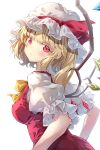 1girl alternate_eye_color back bangs blonde_hair blush bow bowtie breasts closed_mouth commentary_request crystal darjeeling_(reley) dress eyebrows_visible_through_hair flandre_scarlet from_side hair_between_eyes hat hat_ribbon highres jewelry looking_at_viewer looking_back medium_breasts mob_cap multicolored_wings one_side_up pink_eyes puffy_short_sleeves puffy_sleeves red_dress red_ribbon ribbon shirt short_hair short_sleeves simple_background solo standing touhou white_background white_headwear white_shirt wings yellow_bow yellow_bowtie 