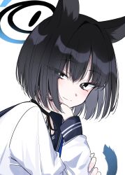  1girl animal_ears black_eyes black_hair blue_archive blue_halo blush bob_cut bright_pupils cat_ears cat_girl cat_tail choker closed_mouth commentary eyes_visible_through_hair hair_between_eyes hair_intakes halo hand_on_own_cheek hand_on_own_face hand_up head_on_hand head_rest highres ichiki_1 kikyou_(blue_archive) long_sleeves looking_at_viewer revision ribbon_choker sailor_collar school_uniform serafuku shirt short_hair simple_background smile solo split_mouth tail tsurime white_background white_pupils white_shirt 