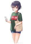  1girl artist_name asymmetrical_hair black_hair blue_shorts brown_eyes cellphone closed_mouth clothes_writing eyebrows_visible_through_hair feet_out_of_frame green_shirt hair_between_eyes holding holding_phone i-13_(kancolle) kantai_collection one-hour_drawing_challenge phone shirt short_hair short_sleeves shorts signature simple_background smartphone solo white_background yamashichi_(mtseven) 