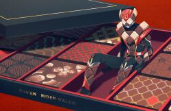  1boy absurdres ankoankoazuki armor bodysuit box box_of_chocolates brown_armor candy chocolate english_text food gloves highres kamen_rider kamen_rider_gavv_(series) kamen_rider_valen male_focus solo tokusatsu 