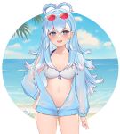  1girl absurdres bangs beach bikini blue_eyes blue_hair blue_jacket blush breasts clouds contrapposto cowboy_shot day eyebrows_visible_through_hair eyewear_on_head gradient_hair hair_between_eyes hair_rings hand_on_hip highres hololive jacket kobo_kanaeru long_hair long_sleeves looking_at_viewer medium_breasts multicolored_hair navel ocean open_clothes open_jacket open_mouth outdoors palm_tree see-through sky sleeves_past_wrists smug solo sunglasses swimsuit tree unzipped virtual_youtuber water white_bikini white_hair zinkaa zipper_pull_tab 