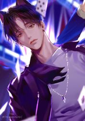  1boy 1other animal_ears artist_name black_hair black_jacket blurry blurry_background blurry_foreground card cat_ears closed_mouth earrings from_below grey_eyes highres jacket jewelry looking_down male_focus necklace open_clothes open_jacket original playing_card shirt short_hair solo thick_lips toscana20460423 twitter_username upper_body white_shirt 