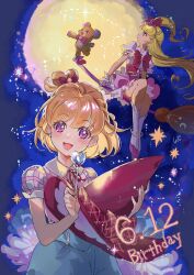  2girls :d anklet asahina_mirai blonde_hair bow bowtie broom broom_riding cure_miracle floating_hair gloves hair_bow hairband hat high_side_ponytail highres holding holding_hat holding_unworn_clothes holding_wand jewelry layered_skirt long_hair looking_at_viewer mahou_girls_precure! mini_hat miniskirt mofurun_(mahou_girls_precure!) multiple_girls one_side_up pink_eyes pink_hairband pink_hat plaid_clothes plaid_shirt pleated_skirt precure red_bow red_bowtie red_skirt shipu_(gassyumaron) shirt short_sleeves skirt smile socks stuffed_animal stuffed_toy teddy_bear two-tone_skirt unworn_hat unworn_headwear very_long_hair wand white_gloves white_shirt white_skirt white_socks witch_hat 