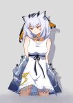  1girl absurdres animal_ears arknights bangs bare_shoulders bird_ears black_ribbon breasts bright_pupils closed_mouth collarbone cropped_legs dress eyebrows_visible_through_hair grey_background grey_jacket hair_ornament highres jacket long_hair looking_at_viewer medium_breasts mrdaji open_clothes open_jacket orange_eyes ptilopsis_(arknights) ribbon simple_background solo white_dress white_hair 