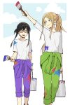  2girls 7100potechi ^_^ absurdres arm_at_side arm_up bangs black_hair blue_eyes brown_hair bucket closed_eyes clothes_around_waist feet_out_of_frame glasses green_pants hair_ornament hair_scrunchie highres holding holding_bucket holding_paintbrush jacket jacket_around_waist konami_kirie laughing light_brown_hair long_hair long_sleeves looking_at_another looking_away looking_back multiple_girls paint_can paint_on_clothes paintbrush pants pants_rolled_up ponytail purple_pants red-framed_eyewear scrunchie shirt short_sleeves sidelocks sleeves_past_elbows smile t-shirt updo usami_shiori white_background white_shirt world_trigger wrist_scrunchie 