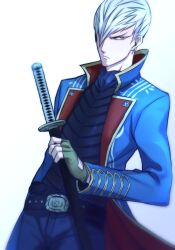 1boy belt blue_coat coat company_connection cosplay cowboy_shot devil_may_cry_(series) grey_eyes hair_over_one_eye holding holding_sword holding_weapon ishida_mitsunari_(sengoku_basara) katana makaron611 male_focus official_alternate_costume sengoku_basara short_hair simple_background solo sword vergil_(devil_may_cry) vergil_(devil_may_cry)_(cosplay) weapon white_background 