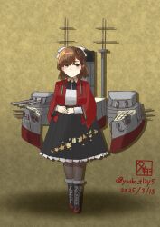  1girl absurdres asahi_(kancolle) black_boots black_hakama black_pantyhose black_skirt boots brown_background brown_hair coat collared_shirt dated dress_shirt floral_print grey_eyes hair_ribbon hakama highres japanese_clothes kantai_collection lace-up_boots machinery mole mole_under_mouth one-hour_drawing_challenge pantyhose red_coat ribbon shirt short_hair skirt solo standing twitter_username white_ribbon white_shirt yuushou 