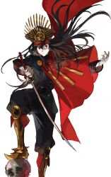  1girl absurdres black_hair black_jacket black_pants cape crest expressionless family_crest fate/grand_order fate_(series) floating_cape floating_hair gloves hat highres holding holding_sword holding_weapon jacket katana koha-ace long_hair looking_at_viewer military_hat mimulishizi oda_nobunaga_(fate) oda_nobunaga_(koha-ace) oda_uri pants peaked_cap red_cape red_eyes simple_background solo standing sword weapon white_background white_gloves 