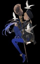  1boy absurdres androgynous artist_name bird black_background black_hat black_jacket black_poncho blonde_hair blue_hair blue_leggings buttons captain_nemo_(fate) captain_nemo_(third_ascension)_(fate) chinese_commentary closed_eyes commentary_request double-breasted fate/grand_order fate_(series) from_side full_body gradient_hair grey_shorts hat high_heels highres holding holding_staff invisible_chair jacket knee_up leggings long_hair long_sleeves low_twintails male_focus mimulishizi multicolored_hair nemo_(fate) parted_lips seagull seashell shell shorts simple_background sitting solo staff tassel turban twintails two-tone_hair very_long_hair 