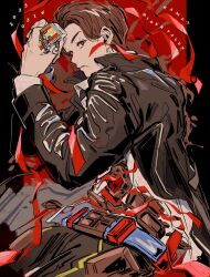  1boy absurdres brown_hair commentary_request gochizo highres jacket kamen_rider kamen_rider_gavv_(series) kamen_rider_valen karakida_hanto m0m0maru2007 male_focus red_eyes solo tokusatsu 