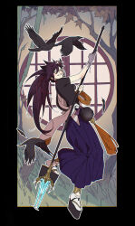  1boy banzoin_hakka banzoin_hakka_(1st_costume) bird black_border black_shirt blue_eyes border bracelet colored_extremities colored_skin crow earrings feather_hair_ornament feathers flying full_body hair_between_eyes hair_ornament hakama highres holding holding_polearm holding_weapon holostars holostars_english japanese_clothes jewelry long_hair male_focus multicolored_hair multicolored_skin okobo platform_sandals polearm ponytail purple_hakama purple_sash purple_skin sandals sash screetuber shirt short_sleeves socks spear tabi tassel tree virtual_youtuber weapon white_hair 