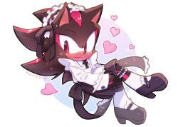  1boy 1girl animal_ears animal_nose black_bow black_fur black_necktie black_shoes black_skirt bow collared_shirt crossdressing full_body furry furry_male heart hedgehog_boy highres kazuna_endi long_hair looking_at_viewer maid_headdress male_focus multicolored_fur necktie red_eyes red_fur shadow_the_hedgehog shirt shoes short_tail simple_background sitting skirt socks solo sonic_(series) tail two-tone_fur white_background white_shirt white_socks 
