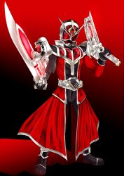  1boy armor belt black_background black_boots black_gloves boots coat commentary_request flame_style gem gloves gradient_background helmet highres kamen_rider kamen_rider_wizard kamen_rider_wizard_(series) long_coat long_sleeves looking_at_viewer male_focus nomayo red_background red_coat red_gemstone rider_belt solo standing tokusatsu wizardriver 