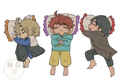  3boys barefoot black_hair blonde_hair blue_hoodie brown_eyes brown_hair chibi chibi_only closed_eyes feet hood hoodie inoue_shouma jacket kamen_rider kamen_rider_gavv_(series) karakida_hanto l77sisi lakia_amarga male_focus multiple_boys no_ai_logo open_mouth pillow short_hair simple_background two-tone_hoodie white_background 