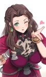  1girl blush bracelet breasts brown_hair commentary_request dorothea_arnault dress fire_emblem fire_emblem:_three_houses fire_emblem_warriors:_three_hopes fishnet_top fishnets forehead gonzarez green_eyes hand_up heart highres jewelry large_breasts leaning_forward long_hair looking_at_viewer one_eye_closed parted_lips pink_dress puffy_short_sleeves puffy_sleeves short_sleeves simple_background solo upper_body white_background 
