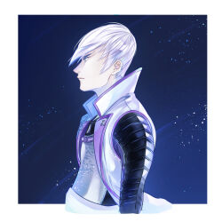  1boy armor blue_background border cropped_torso from_side frown grey_eyes highres ishida_mitsunari_(sengoku_basara) japanese_armor jinbaori looking_ahead makaron611 male_focus outside_border sengoku_basara short_hair solo white_border white_hair 