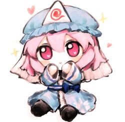 black_shoes blue_hat blue_kimono bow closed_mouth frilled_headwear full_body fumo_(doll) hand_on_own_face hat heart heart_in_eye japanese_clothes kimono long_sleeves looking_at_viewer medium_hair mob_cap natucurage pink_eyes pink_hair ribbon saigyouji_yuyuko sash scribble shoes sitting smile solo symbol_in_eye touhou waist_bow waist_sash 