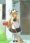  1girl :/ apron black_headwear black_legwear black_skirt black_vest blonde_hair bow bowtie braid broom building bush casterluex closed_mouth commentary door frilled_skirt frills full_body grass hat hat_bow highres holding holding_broom holding_letter house kirisame_marisa lantern letter light_blush long_hair mailbox_(incoming_mail) mary_janes plant puffy_short_sleeves puffy_sleeves reading shirt shoes short_sleeves single_braid skirt skirt_set socks solo standing touhou very_long_hair vest vines waist_apron white_apron white_bow white_legwear white_shirt window witch_hat yellow_bow yellow_bowtie yellow_eyes 