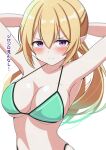  1girl bangs blonde_hair blush breasts chloe_(princess_connect!) commentary_request elf eyebrows_visible_through_hair hair_between_eyes hello_pty large_breasts looking_at_viewer multicolored_eyes pointy_ears princess_connect! short_hair solo swimsuit translation_request twintails tying_hair violet_eyes white_background 