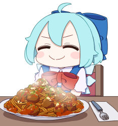  1girl absurdres ahoge blue_bow blue_hair blush_stickers bow bowtie chair cirno closed_mouth collared_shirt commentary food fork fumo_(doll) hair_bow highres ice ice_wings kame_(kamepan44231) meatball pasta plate red_bow red_bowtie shirt short_hair short_sleeves smile solo spaghetti spaghetti_and_meatballs touhou white_shirt wings 