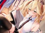  1girl admiral_hipper_(azur_lane) ahoge azur_lane bare_shoulders black_legwear blonde_hair blush dutch_angle green_eyes long_hair looking_at_viewer mole mole_under_eye navel necktie nekomugiharu official_art pleated_skirt skirt sleeveless solo sweatdrop thigh-highs two_side_up 