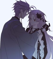  2boys absurdres ahoge alternate_costume black_flower black_gloves black_kimono black_ribbon black_rose chinese_commentary closed_mouth commentary_request curtained_hair earrings feiyingliaoluan-haruto flower glove_cutout gloves grey_background grey_haori hair_ribbon hatsutori_hajime highres japanese_clothes jewelry kimono long_hair male_focus multiple_boys neck_ribbon parted_bangs pink_hair red_eyes ribbon rose saibou_shinkyoku short_hair simple_background smile theodore_riddle very_long_hair wide_sleeves 