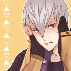  2boys anger_vein black_gloves fingerless_gloves furrowed_brow gloves green_eyes grey_hair hair_between_eyes hands_on_another's_head ishida_mitsunari_(sengoku_basara) looking_to_the_side makaron611 male_focus multiple_boys out_of_frame outline portrait sengoku_basara short_hair solo_focus sweat tokugawa_ieyasu_(sengoku_basara) v-shaped_eyebrows white_outline yellow_background 