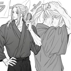  1boy closed_mouth collarbone cowboy_shot expressionless facing_away fingernails forehead from_side hand_on_own_hip hand_on_own_shoulder hands_up highres holding japanese_clothes jitome kuroiisana long_hair looking_to_the_side male_focus multiple_views sakamoto_days sanpaku scar scar_on_chin scar_on_face shishiba_(sakamoto_days) simple_background straight_hair sweat tying_hair veins veiny_hands white_background 