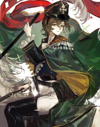  1girl absurdres black_boots black_hat black_jacket boots brown_hair cape closed_mouth feet_out_of_frame from_side green_cape green_eyes hat hat_feather highres holding holding_baton holding_reins horseback_riding jacket military_hat pants recoleta_(reverse:1999) reins reverse:1999 riding saddle short_hair solo thigh_boots weiyan_(nbnbmwnl) white_horse white_pants 