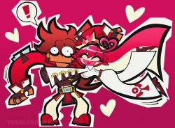  ! 1boy 1girl ahoge closed_eyes couple guilty_gear guilty_gear_strive heart heart_ahoge highres hug jack-o'_valentine pink_background smile sol_badguy tackle tubularparu wide-eyed 
