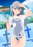  arm_up ass_visible_through_thighs black_hair blue_swimsuit blush brush clouds haoriya_chie_(minidraco) highres long_hair minidraco no_pants one-piece_swimsuit one_eye_closed original outdoors pink_eyes pool ribbon school_swimsuit see-through shirt short_sleeves side_ponytail sky swimsuit swimsuit_under_clothes t-shirt thigh_gap thighs wet wet_clothes wet_shirt white_shirt 