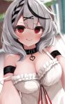  1girl @_@ absurdres black_hair blush breasts grey_hair hair_ornament highres hololive kohe_billialot large_breasts looking_at_viewer multicolored_hair red_eyes sakamata_chloe selfie smile solo streaked_hair upper_body virtual_youtuber x_hair_ornament 