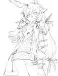  1girl absurdres arknights bangs bare_shoulders closed_mouth commentary_request cowboy_shot detached_sleeves dress gloves greyscale hair_ornament highres lizhe long_hair long_sleeves looking_at_viewer monochrome sketch solo thigh_strap weedy_(arknights) 