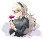  1girl bangs black_hairband black_shirt byleth_(fire_emblem) byleth_eisner_(female) corrin_(fire_emblem) corrin_(fire_emblem)_(female) cropped_torso curly_hair fate/grand_order fate_(series) fire_emblem fire_emblem:_three_houses flower grey_hair hair_between_eyes hairband holding holding_flower long_hair long_sleeves open_mouth pointy_ears red_eyes red_flower robaco shirt simple_background sketch solo twitter_username upper_body very_long_hair white_background 