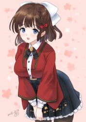  1girl asahi_(kancolle) black_hakama black_pantyhose braid breasts brown_hair coat collared_shirt cowboy_shot dress_shirt floral_background grey_eyes hakama japanese_clothes kantai_collection kitagawa_mikio large_breasts long_sleeves mole mole_under_mouth one-hour_drawing_challenge pantyhose pink_background red_coat ribbon shirt short_hair single_braid solo white_ribbon white_shirt 