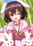  1girl animal animal_ears black_hair blush carrot_necklace dress eyebrows_visible_through_hair frilled_sleeves frills hair_between_eyes highres inaba_tewi one_eye_closed open_mouth orange_eyes pink_dress puffy_short_sleeves puffy_sleeves rabbit rabbit_ears ruu_(tksymkw) short_hair short_sleeves smile solo touhou upper_body 